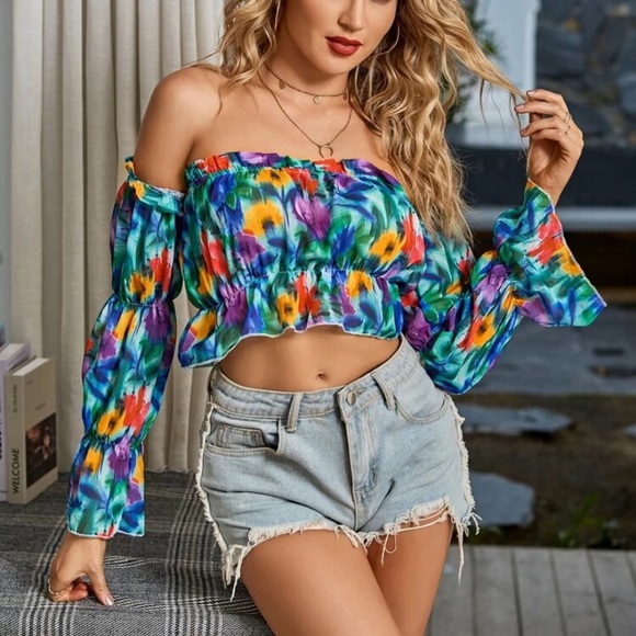 Multicoloured Off The Shoulder Crop Chiffon Top - Picture 3 of 6